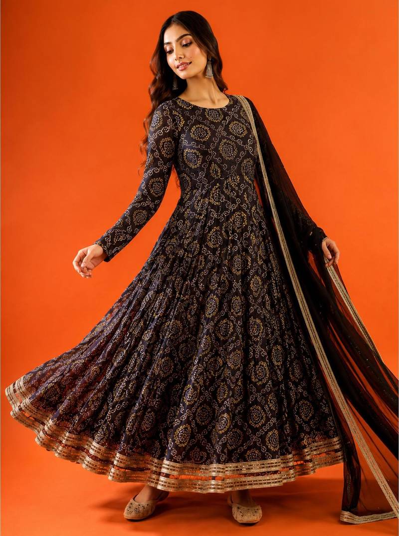 Women's black printed anarkali set with dupatta