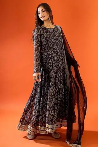 Women's black printed anarkali set with dupatta