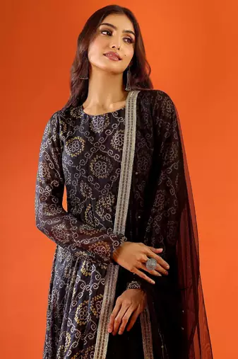 Women's black printed anarkali set with dupatta
