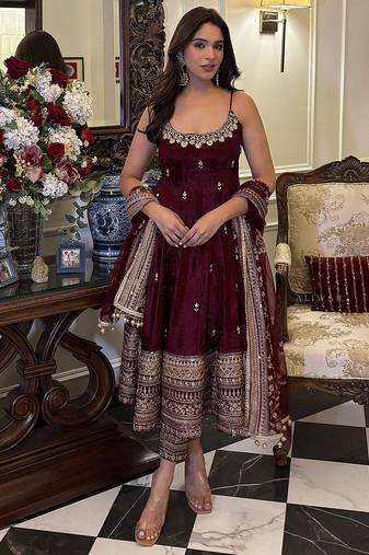 Brown Art Silk Embroidery Sequence Work Anarkali Kurta Pant Dupatta Set