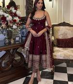 Brown Art Silk Embroidery Sequence Work Anarkali Kurta Pant Dupatta Set