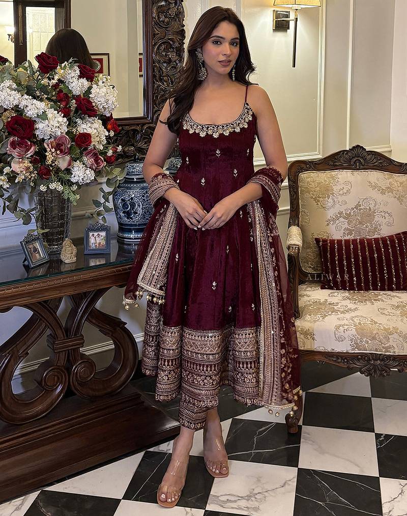 Brown Art Silk Embroidery Sequence Work Anarkali Kurta Pant Dupatta Set