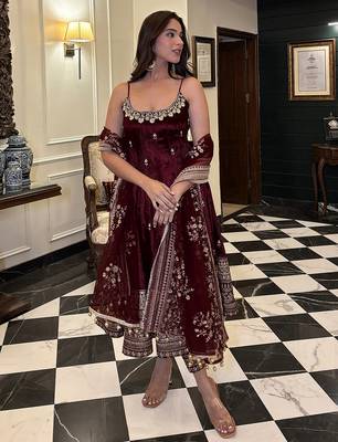 Brown Art Silk Embroidery Sequence Work Anarkali Kurta Pant Dupatta Set 2