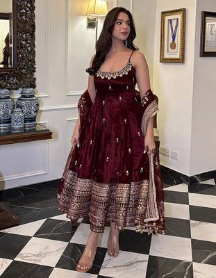 Brown Art Silk Embroidery Sequence Work Anarkali Kurta Pant Dupatta Set 3