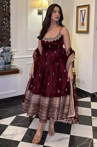 Brown Art Silk Embroidery Sequence Work Anarkali Kurta Pant Dupatta Set