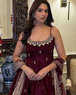 Brown Art Silk Embroidery Sequence Work Anarkali Kurta Pant Dupatta Set 4