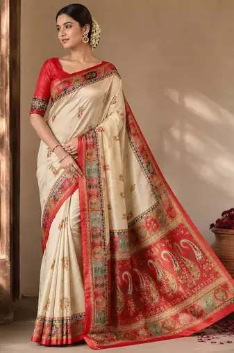 cream-red digital printed saree with contrast colour blouse dola silk saree