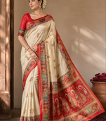 cream-red digital printed saree with contrast colour blouse dola silk saree