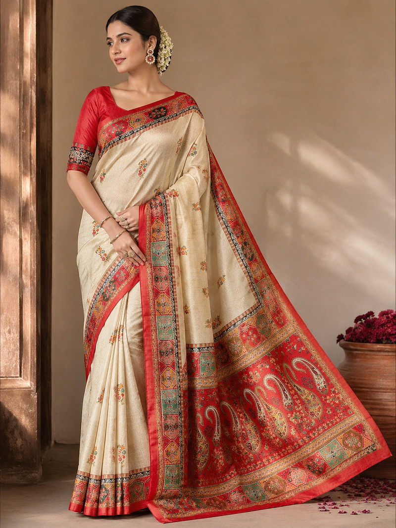 cream-red digital printed saree with contrast colour blouse dola silk saree