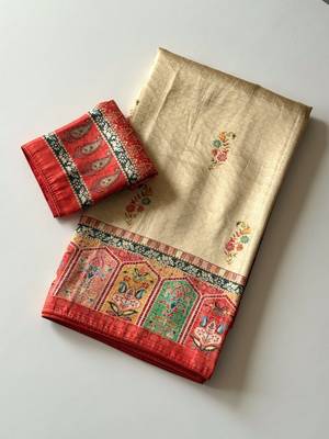 cream-red digital printed saree with contrast colour blouse dola silk saree 2