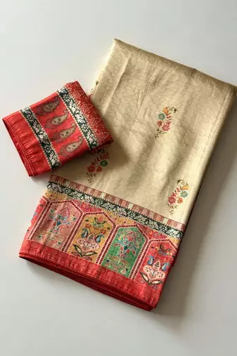 cream-red digital printed saree with contrast colour blouse dola silk saree