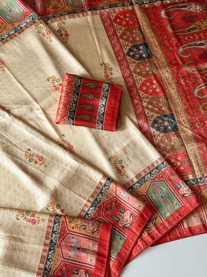 cream-red digital printed saree with contrast colour blouse dola silk saree 3
