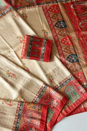cream-red digital printed saree with contrast colour blouse dola silk saree