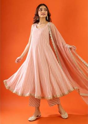 Women's dusty rose striped anarkali kurta set with dupatta 1