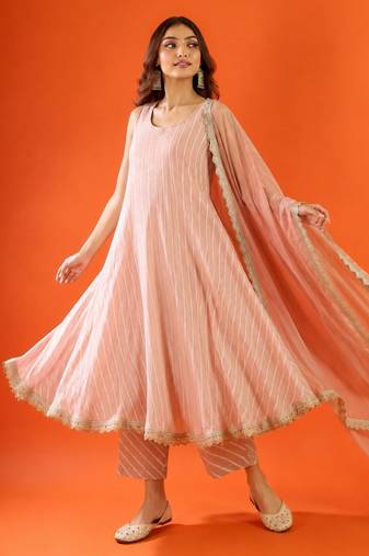 Women's dusty rose striped anarkali kurta set with dupatta