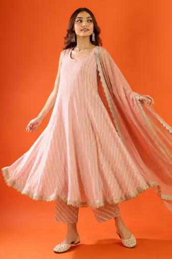Women's dusty rose striped anarkali kurta set with dupatta