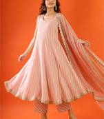 Women's dusty rose striped anarkali kurta set with dupatta