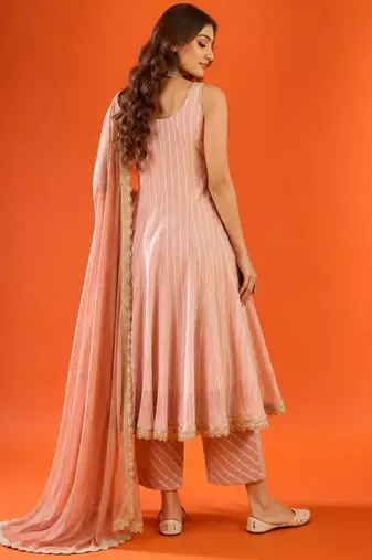 Women's dusty rose striped anarkali kurta set with dupatta