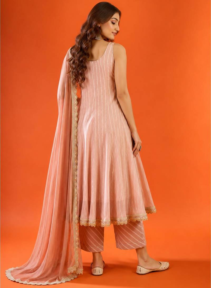 Women's dusty rose striped anarkali kurta set with dupatta