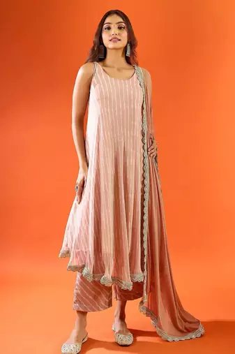 Women's dusty rose striped anarkali kurta set with dupatta