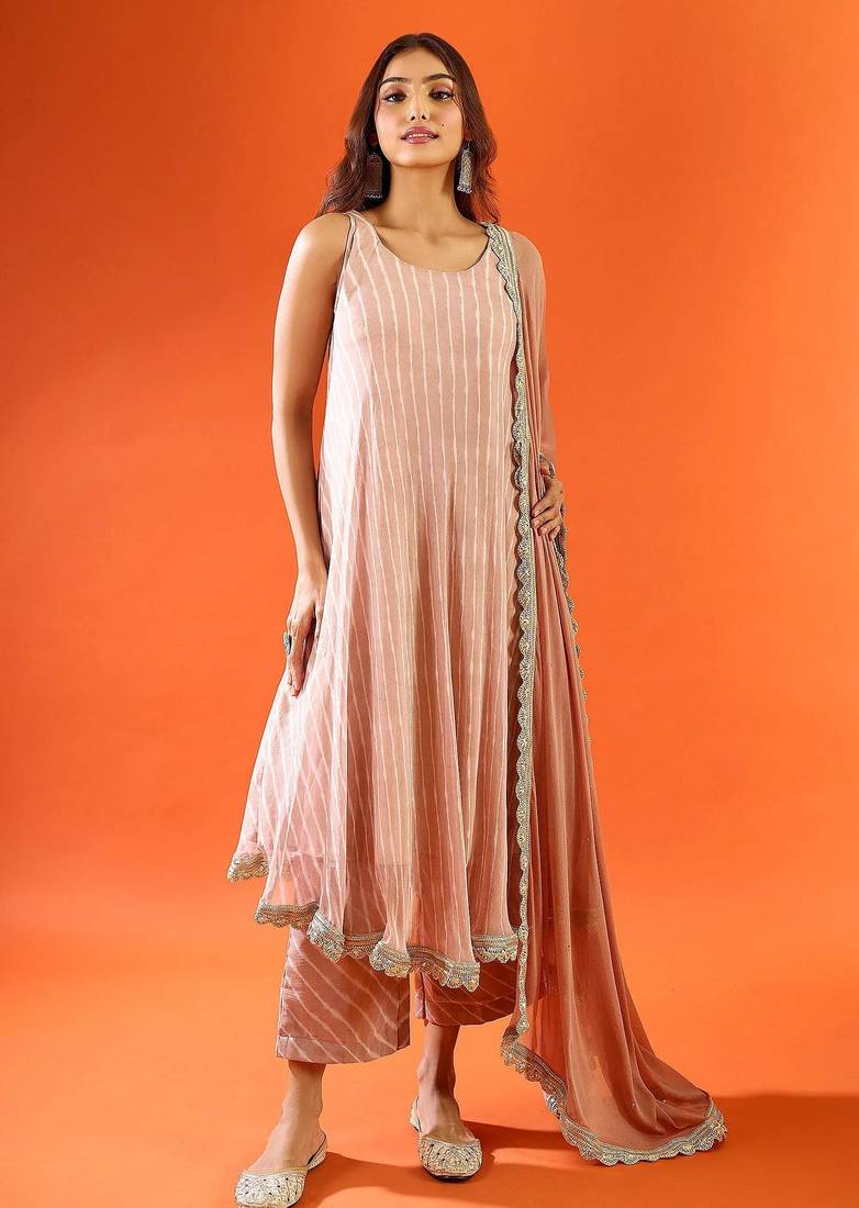 Women's dusty rose striped anarkali kurta set with dupatta