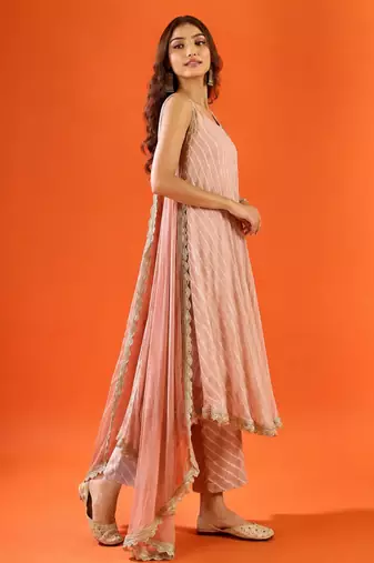Women's dusty rose striped anarkali kurta set with dupatta