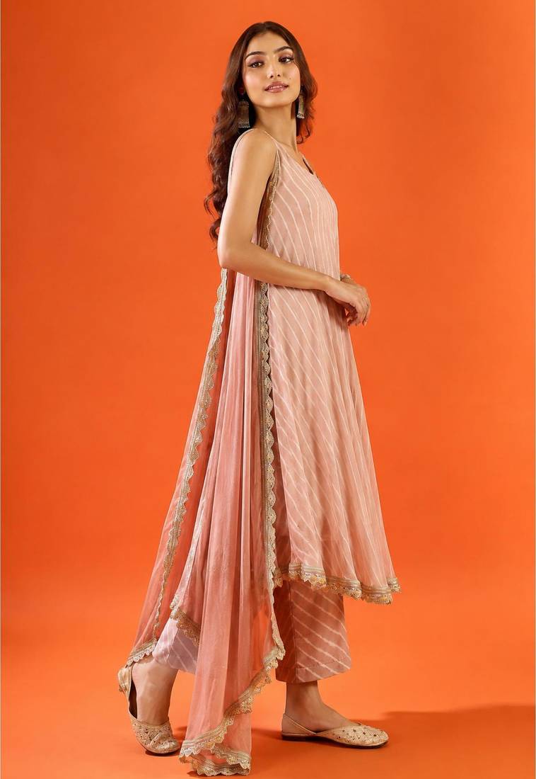 Women's dusty rose striped anarkali kurta set with dupatta
