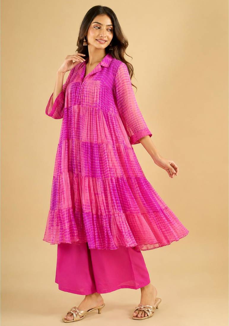 Women's fuchsia pink tiered kurta set