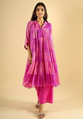 Women's fuchsia pink tiered kurta set 4