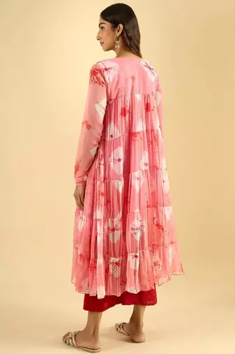 Women's blush pink printed tiered kurta set