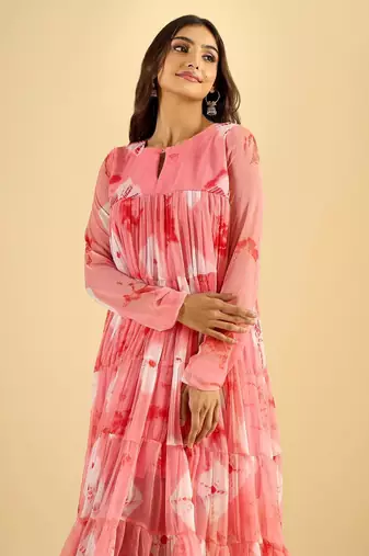 Women's blush pink printed tiered kurta set