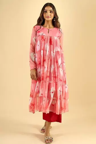 Women's blush pink printed tiered kurta set