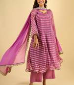 Women's orchid pink striped kurta set with dupatta