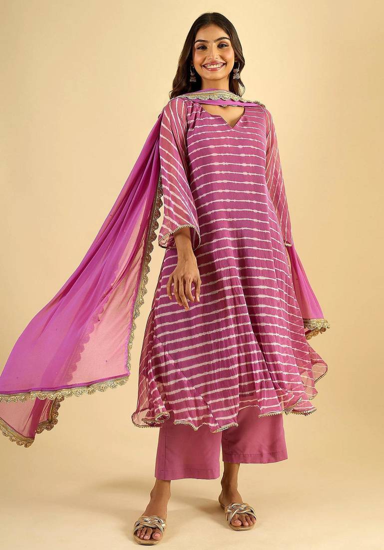 Women's orchid pink striped kurta set with dupatta