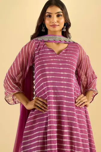 Women's orchid pink striped kurta set with dupatta