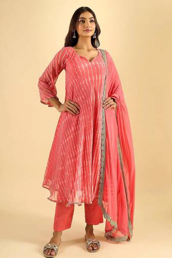 Women's coral pink striped anarkali kurta set with dupatta