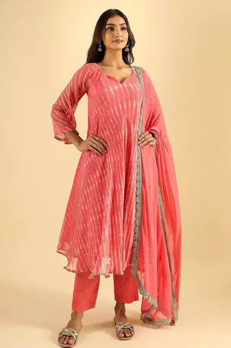 Women's coral pink striped anarkali kurta set with dupatta