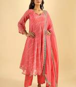 Women's coral pink striped anarkali kurta set with dupatta
