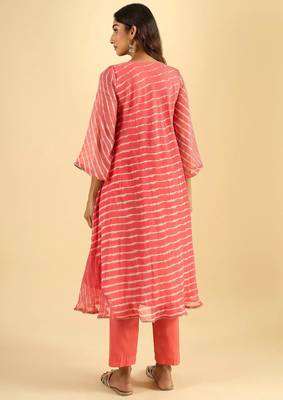 Women's coral pink striped anarkali kurta set with dupatta 2