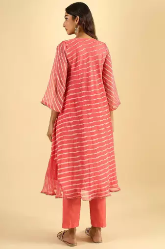 Women's coral pink striped anarkali kurta set with dupatta