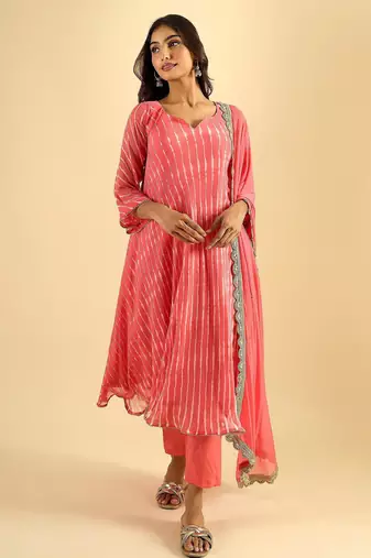 Women's coral pink striped anarkali kurta set with dupatta