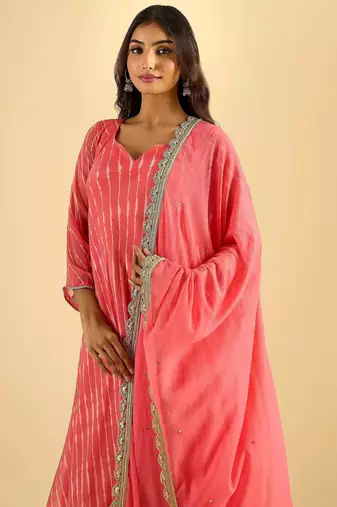 Women's coral pink striped anarkali kurta set with dupatta