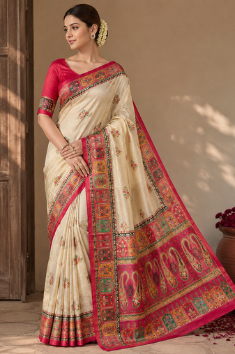 cream-pink digital printed saree with contrast colour blouse dola silk saree