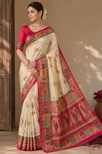 cream-pink digital printed saree with contrast colour blouse dola silk saree