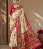 cream-pink digital printed saree with contrast colour blouse dola silk saree