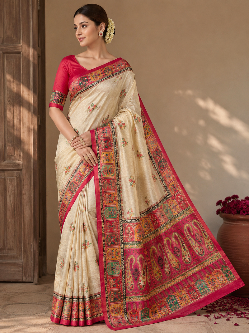 cream-pink digital printed saree with contrast colour blouse dola silk saree