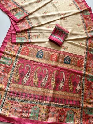 cream-pink digital printed saree with contrast colour blouse dola silk saree 2