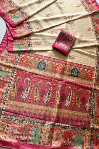 cream-pink digital printed saree with contrast colour blouse dola silk saree