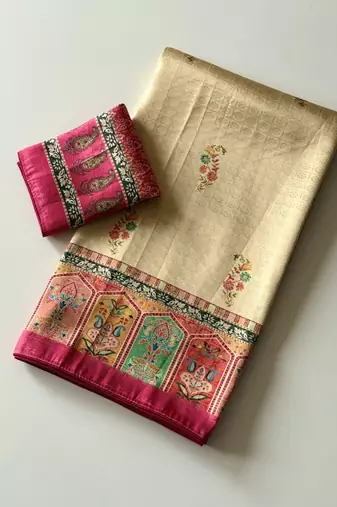 cream-pink digital printed saree with contrast colour blouse dola silk saree