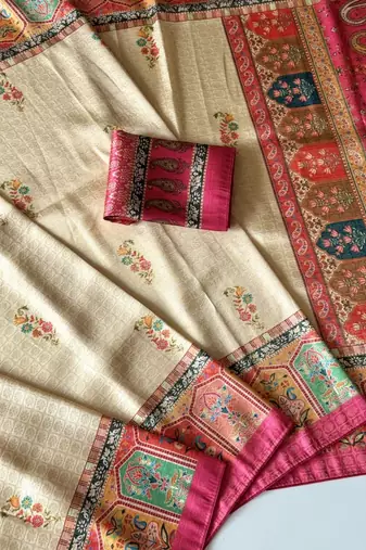 cream-pink digital printed saree with contrast colour blouse dola silk saree